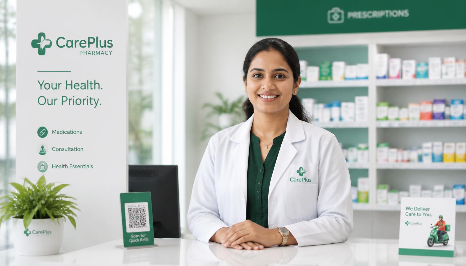 Pharmacist at the Sharma Pharmacy counter